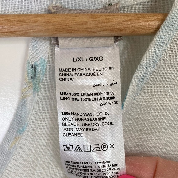 Chicos Womens Tropical Print Linen Top Size L/XL V Neck White Cap Sleeve Coastal - Picture 3 of 9